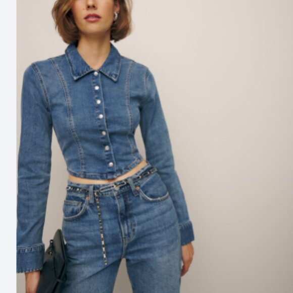 Reformation Tops - Reformation The Isa Light Blue Wash Denim Button Down Shirt Jacket Size 6